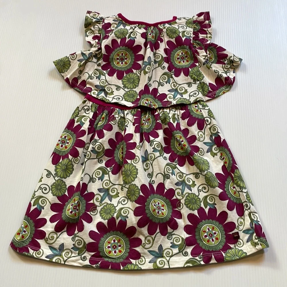 Tea cap sleeve off white with burgundy and green flowered dress, girls size 5